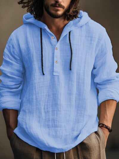 Men's Full Size Half Button Long Sleeve Hoodie - Damned Threads
